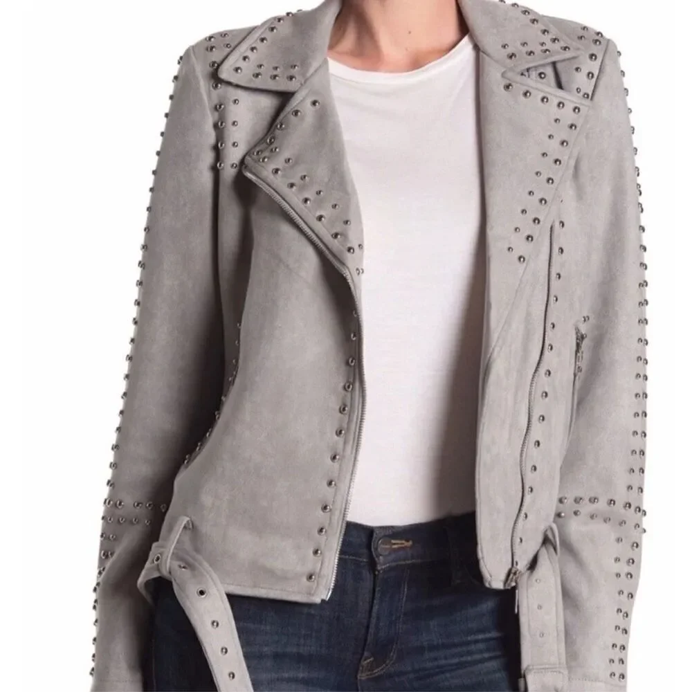 Vigoss Studded Faux Suede Moto Jacket Gray Size XSmall